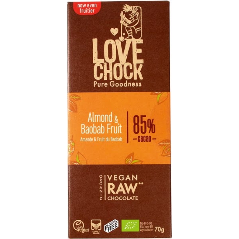 THT: 3-5-2023; Chocolade amandel baobab Lovechock RAW bio
