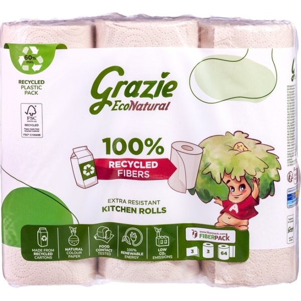 Keukenrol 3-laags 64 vellen x3 (gerecycled papier) - Grazie Natural